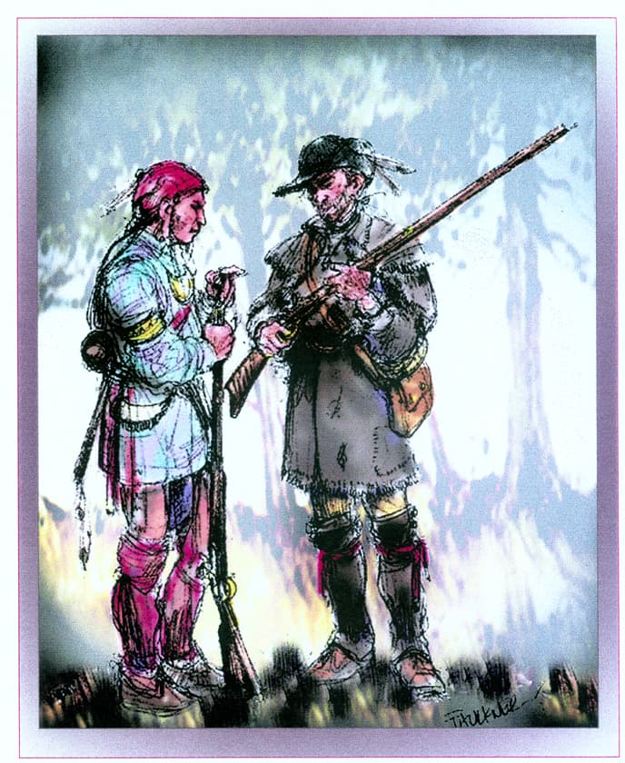 Illustration of an Oneida warrior and a Patriot soldier